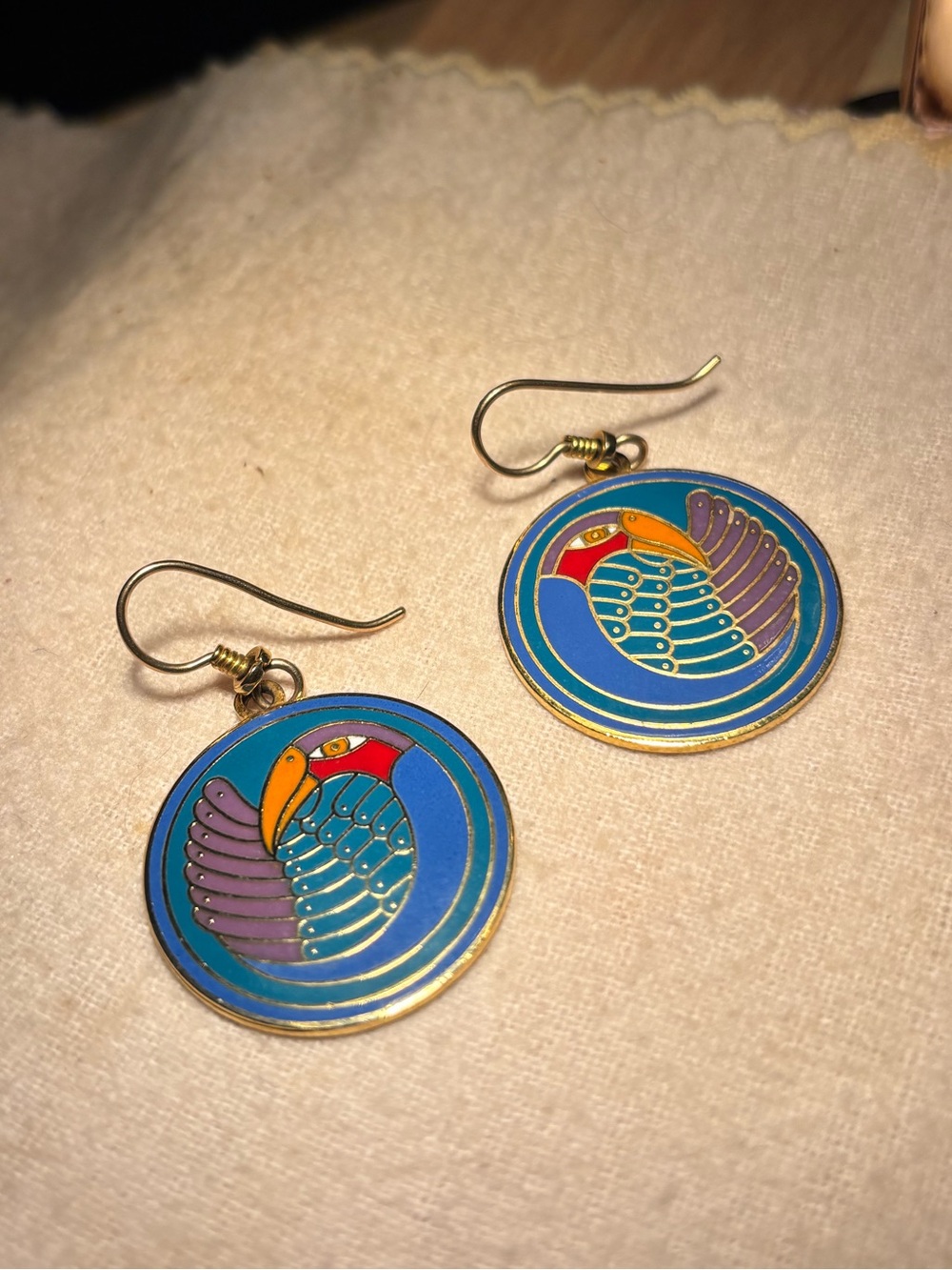 Vintage 80s Laurel Burch Mynah Bird Gold Plated Teal Drop Earrings Eclectic